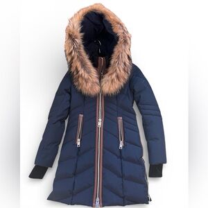Nicole Benisti navy puffer coat with leather dickie